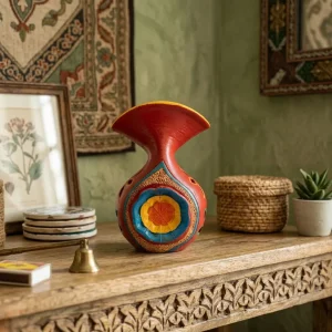 Hand-Painted Flared, Wide-rimmed Top Terracotta Vase (Red)