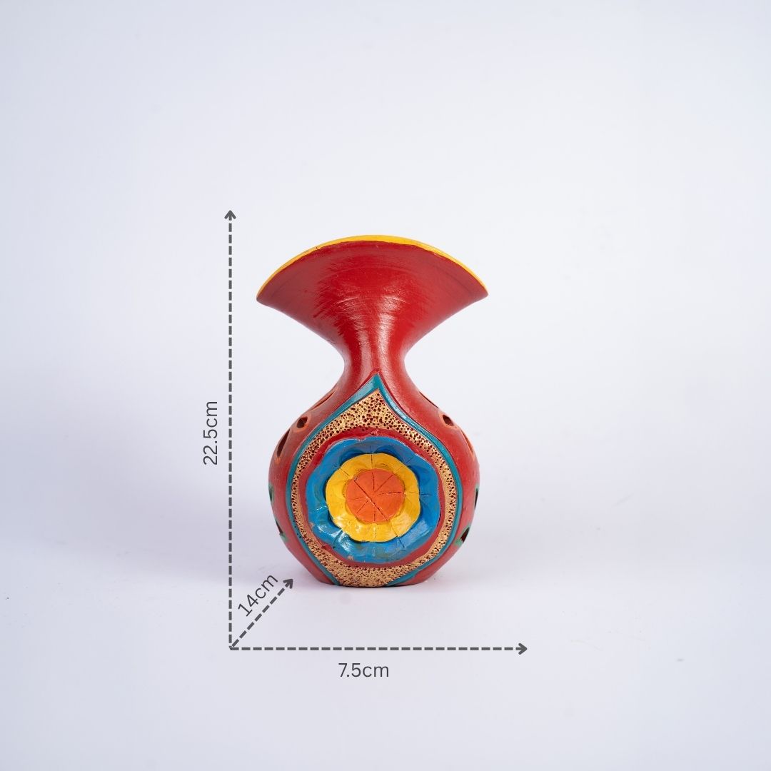 Hand-Painted Flared, Wide-rimmed Top Terracotta Vase (Red) with dm