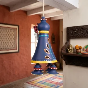 Hand-Painted Terracotta Bell Shaped Hanging Lamp (Blue)