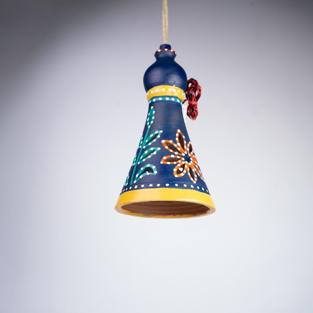 Hand-Painted Terracotta Bell Shaped Hanging Lamp (Indigo Blue) downward view