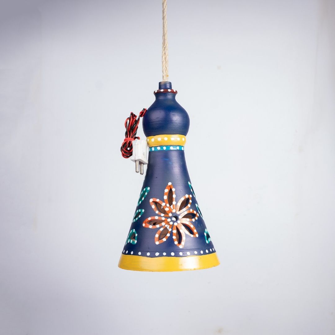 Hand-Painted Terracotta Bell Shaped Hanging Lamp (Indigo Blue) - Image 5