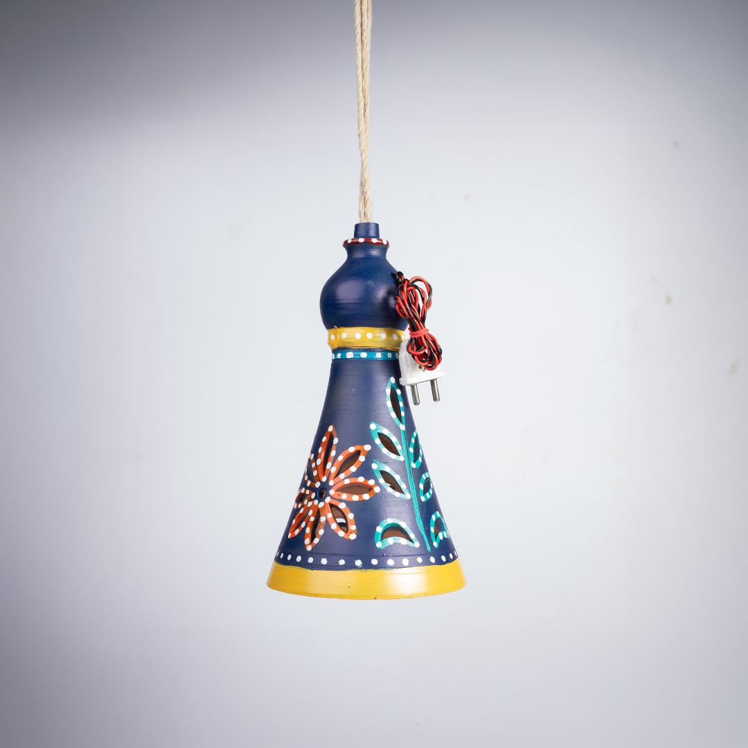 Hand-Painted Terracotta Bell Shaped Hanging Lamp (Indigo Blue) side view