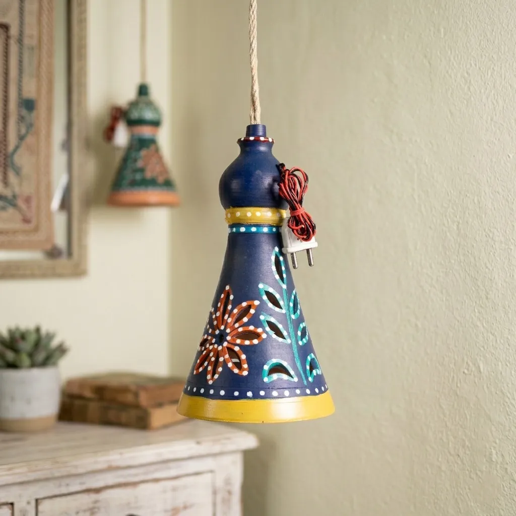 Hand-Painted Terracotta Bell Shaped Hanging Lamp (Indigo Blue)