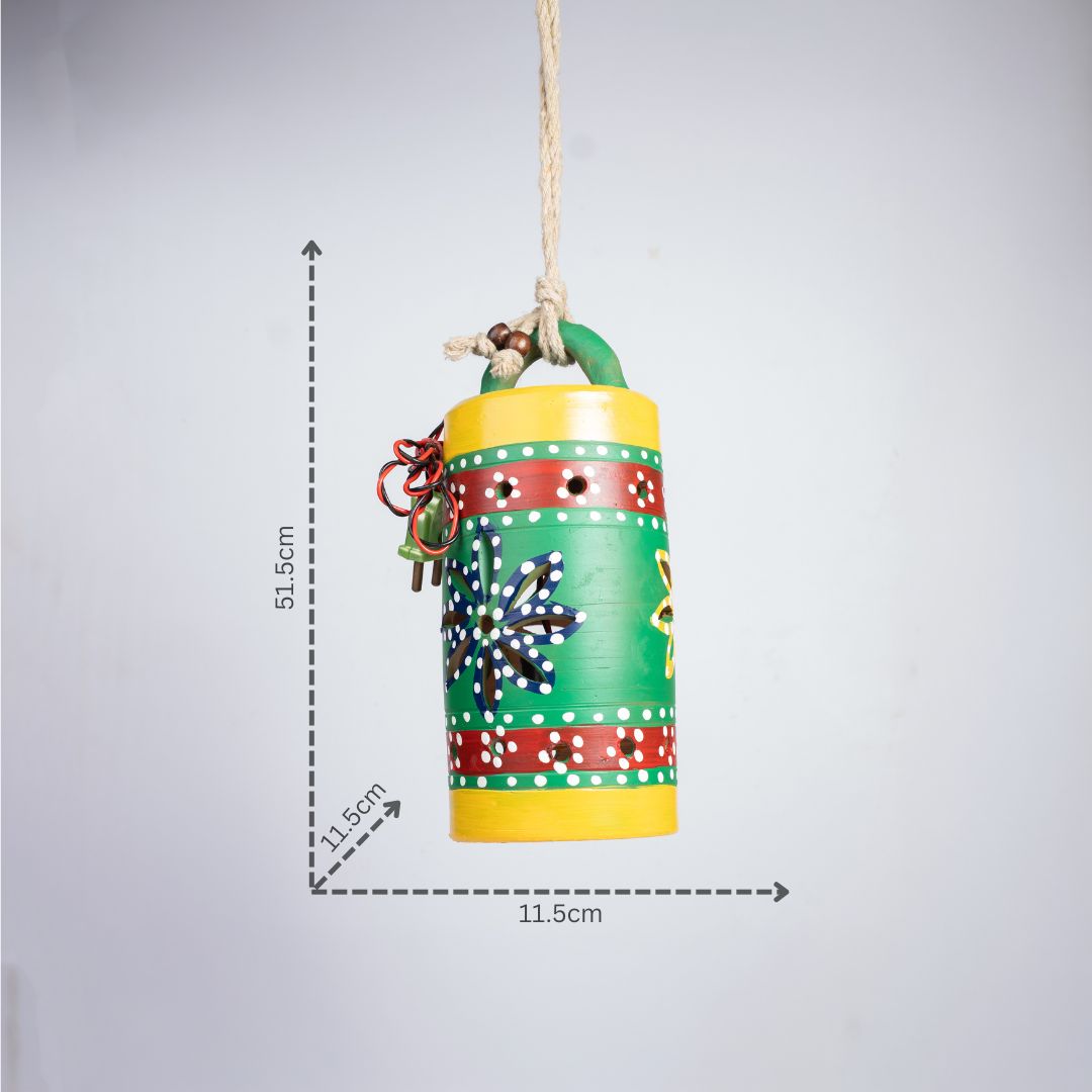 Hand-Painted Terracotta Cylindrical Drum Shaped Hanging Lamp (Green) with dm