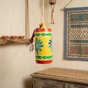 Hand-Painted Terracotta Cylindrical Drum Shaped Hanging Lamp (Yellow)