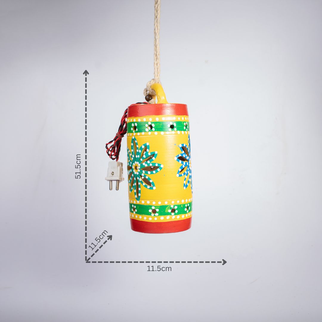 Hand-Painted Terracotta Cylindrical Drum Shaped Hanging Lamp (Yellow) with dm