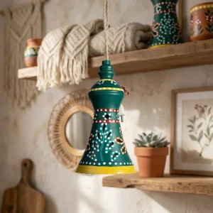 Hand-Painted Terracotta Flared Conical Hanging Lamp (Forest Green)