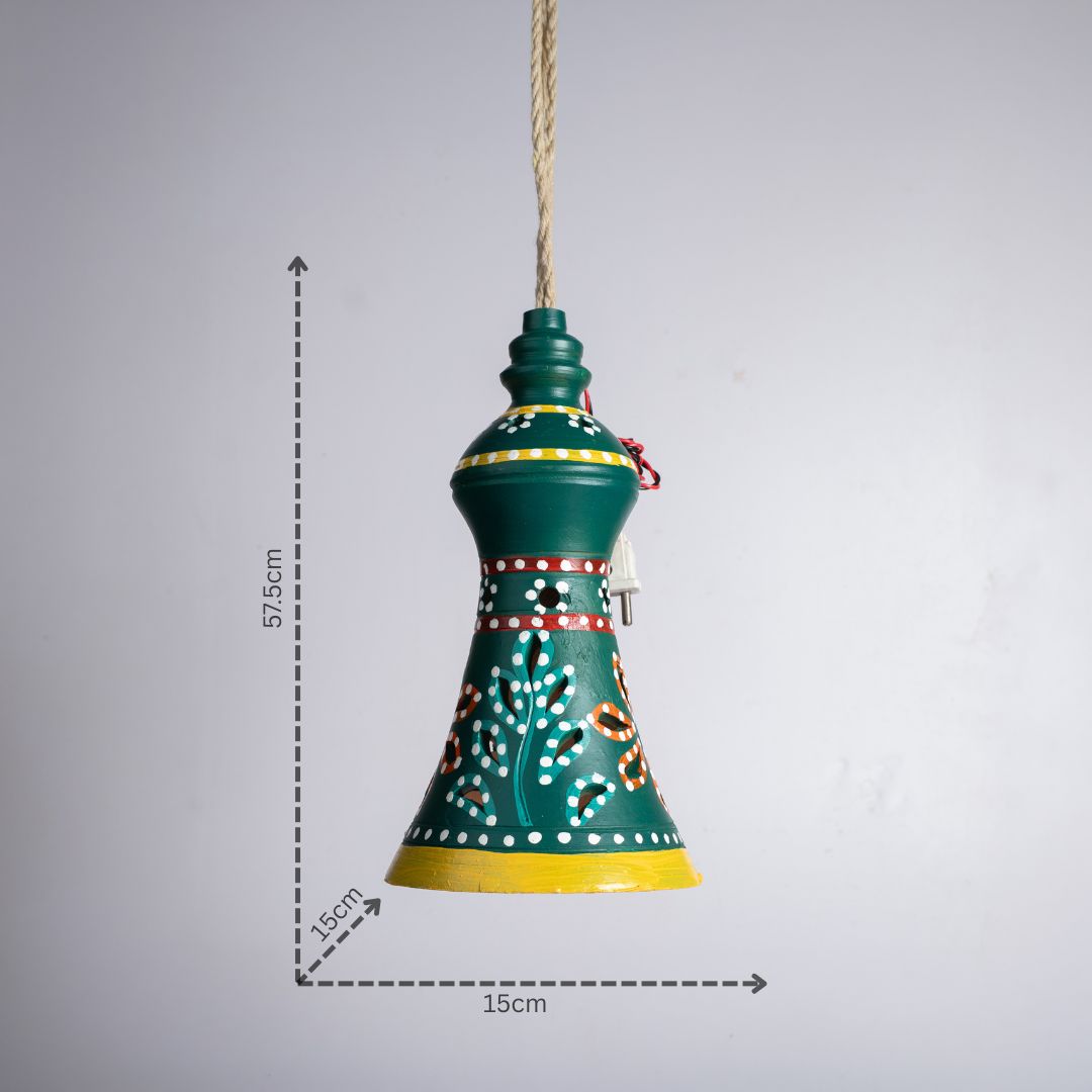 Hand-Painted Terracotta Flared Conical Hanging Lamp (Forest Green) with dm