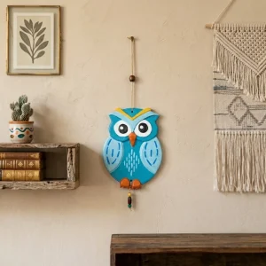 Hand-Painted Terracotta Guardian Owl Wall Hanging (Blue)