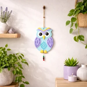 Hand-Painted Terracotta Guardian Owl Wall Hanging (Blue and Purple)