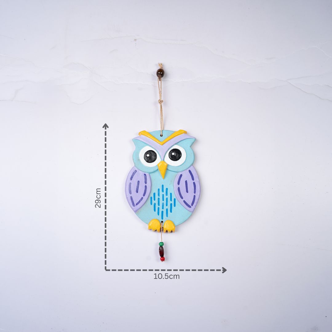 Hand-Painted Terracotta Guardian Owl Wall Hanging (Blue and Purple) with dm