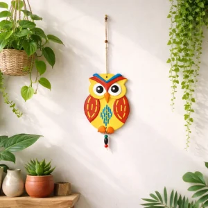 Hand-Painted Terracotta Guardian Owl Wall Hanging (Blue and Red)