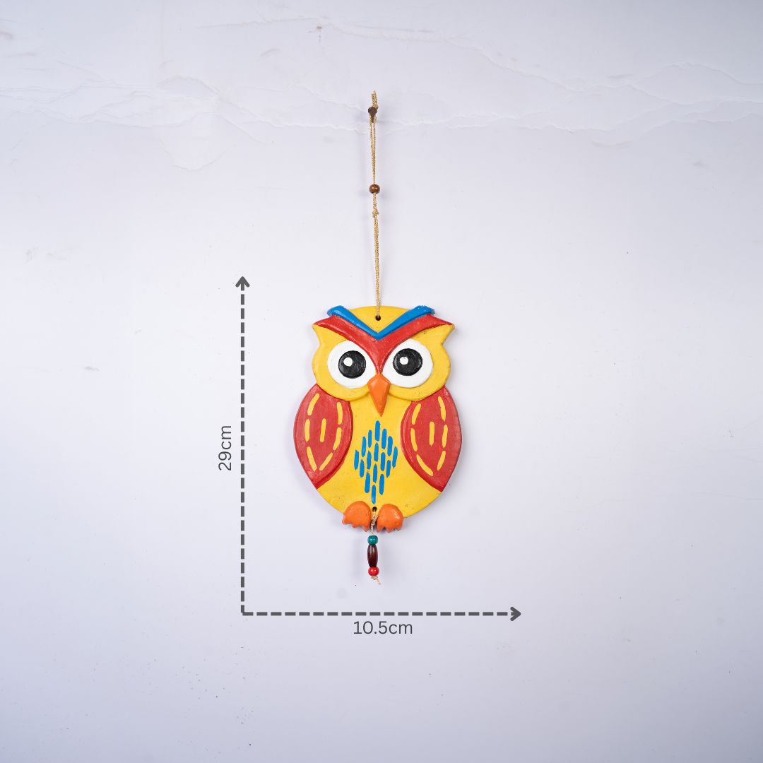 Hand-Painted Terracotta Guardian Owl Wall Hanging (Blue and Red) with dm