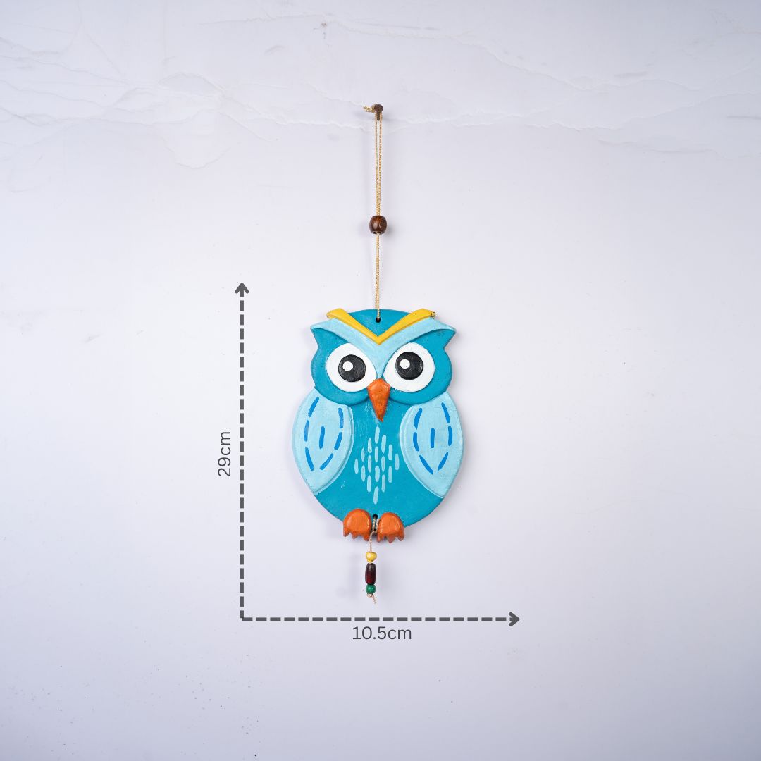 Hand-Painted Terracotta Guardian Owl Wall Hanging (Blue) with dm