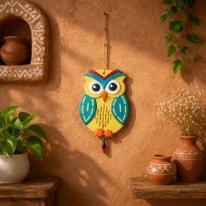 Hand-Painted Terracotta Guardian Owl Wall Hanging (Yellow and Blue)
