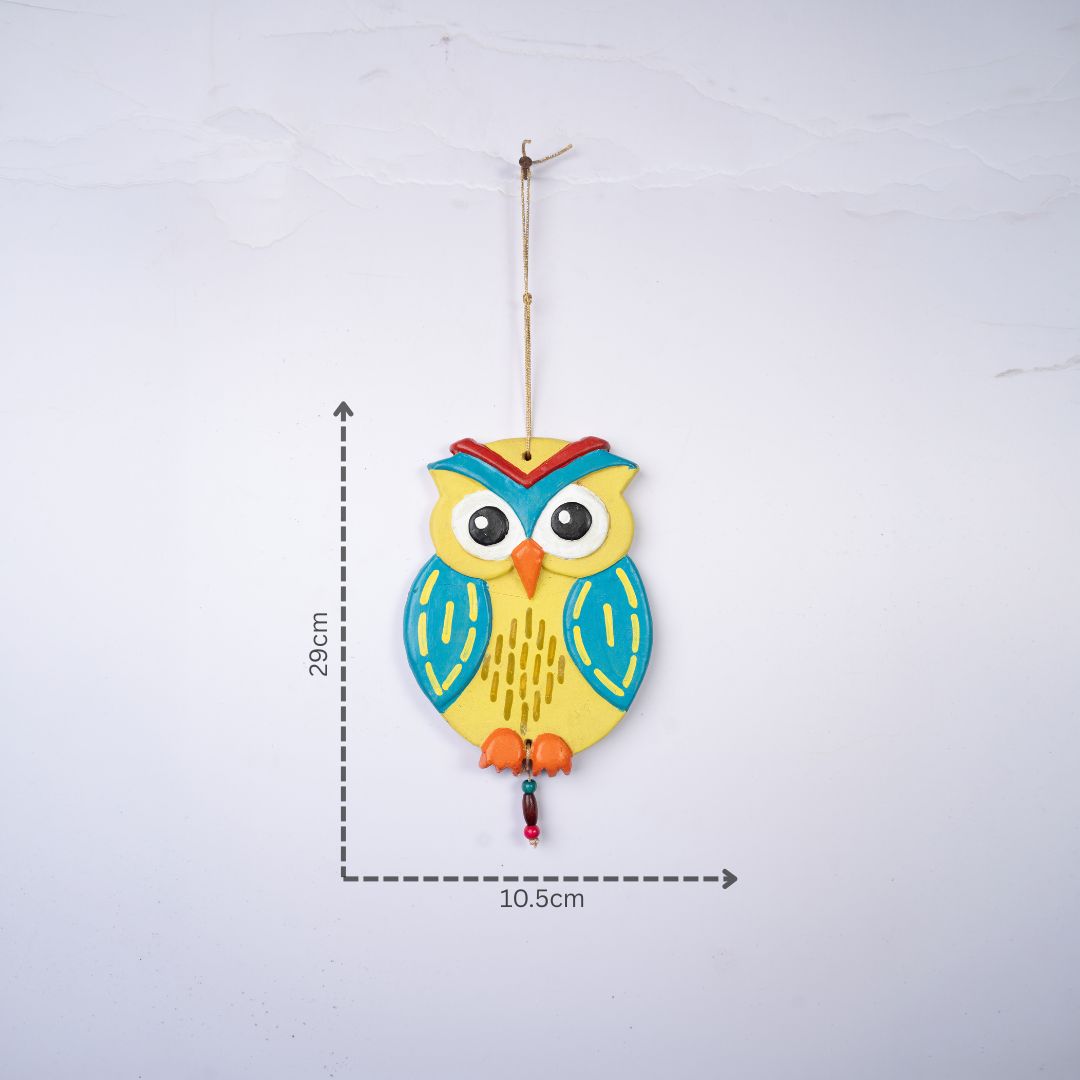 Hand-Painted Terracotta Guardian Owl Wall Hanging (Yellow and Blue) with dm