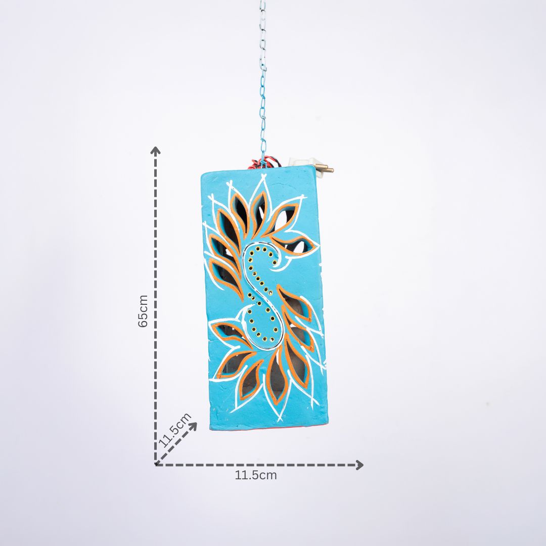 Hand-Painted Terracotta Rectangular Box Hanging Lamp (Azure Blue) with dm