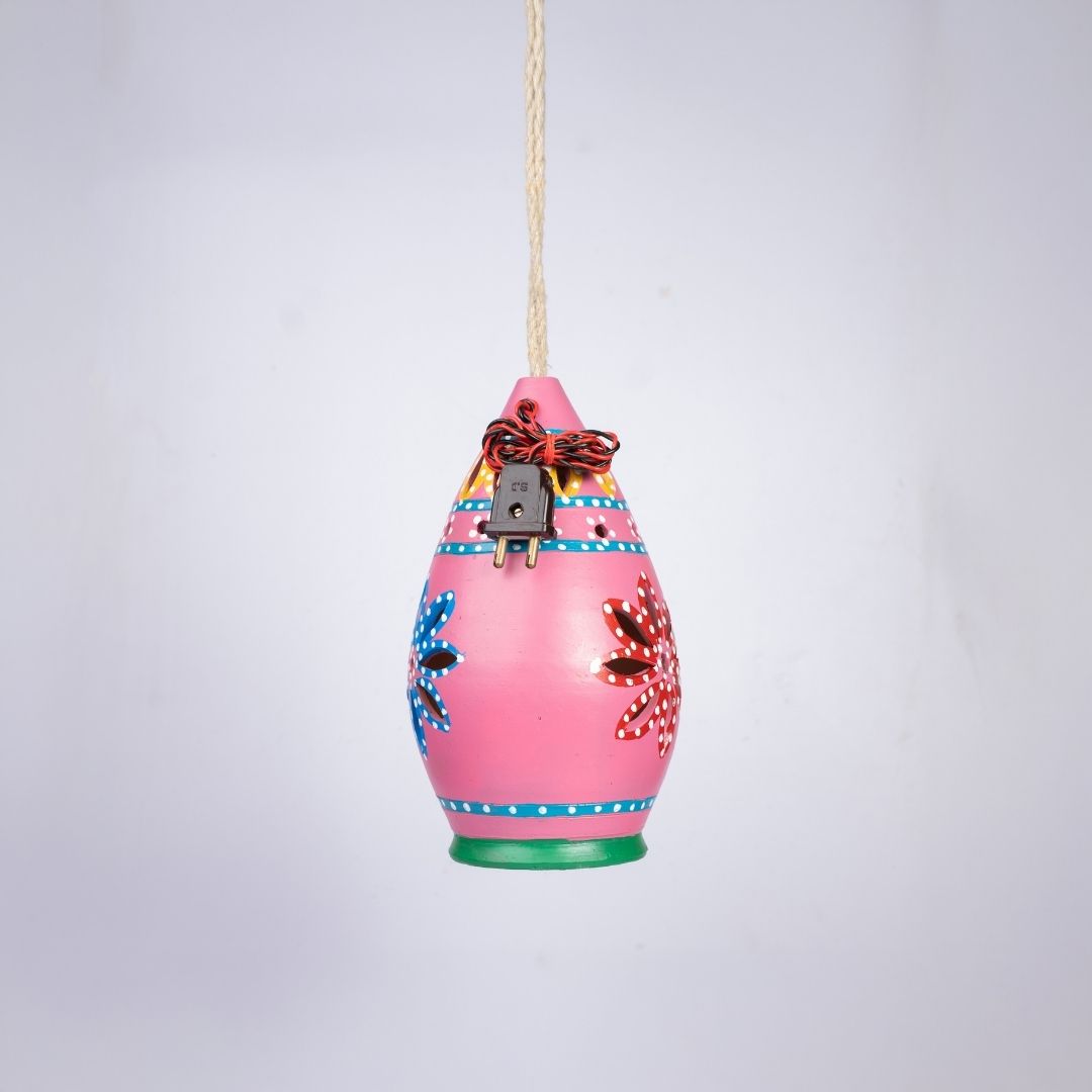 Hand-Painted Terracotta Teardrop Shaped Hanging Lamp (Pink) another side view