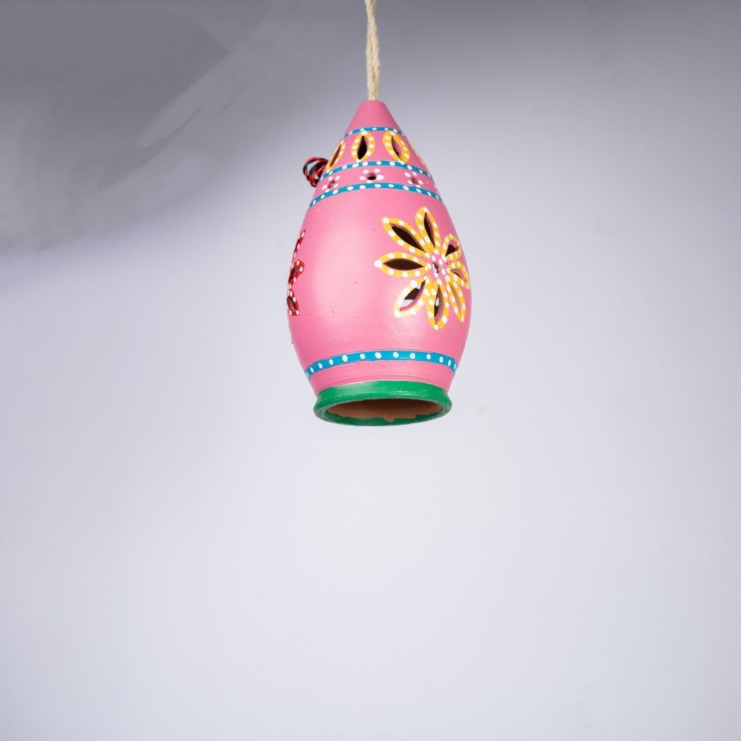 Hand-Painted Terracotta Teardrop Shaped Hanging Lamp (Pink) downward view