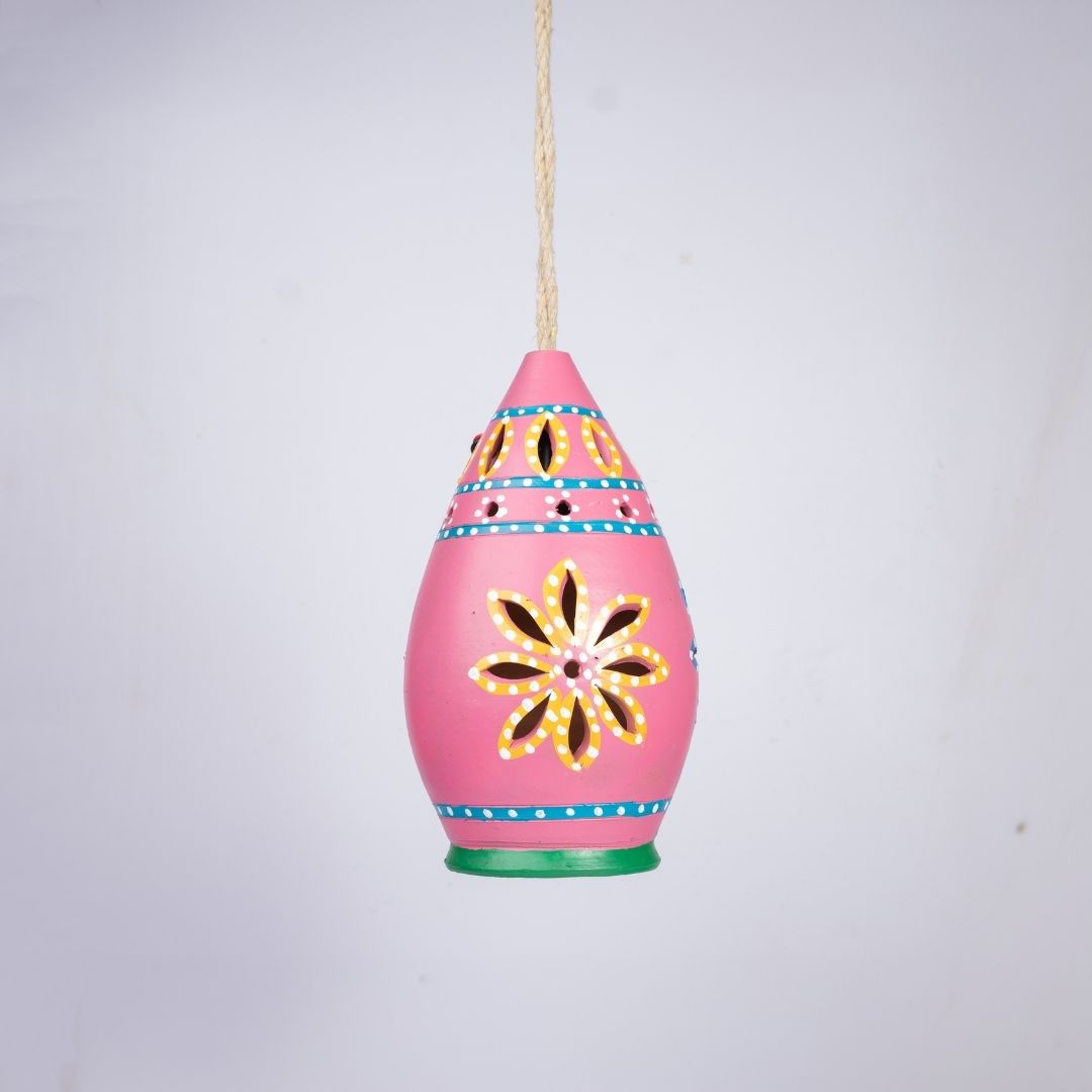 Hand-Painted Terracotta Teardrop Shaped Hanging Lamp (Pink) front view