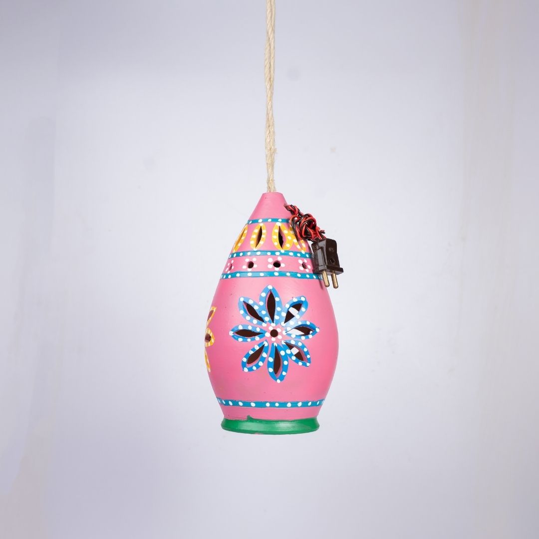 Hand-Painted Terracotta Teardrop Shaped Hanging Lamp (Pink) side view