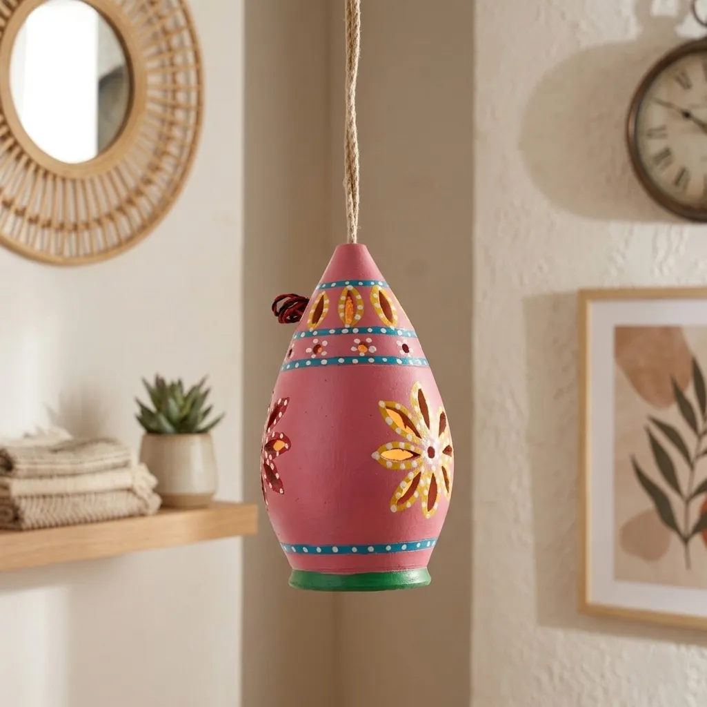 Hand-Painted Terracotta Teardrop Shaped Hanging Lamp (Pink)