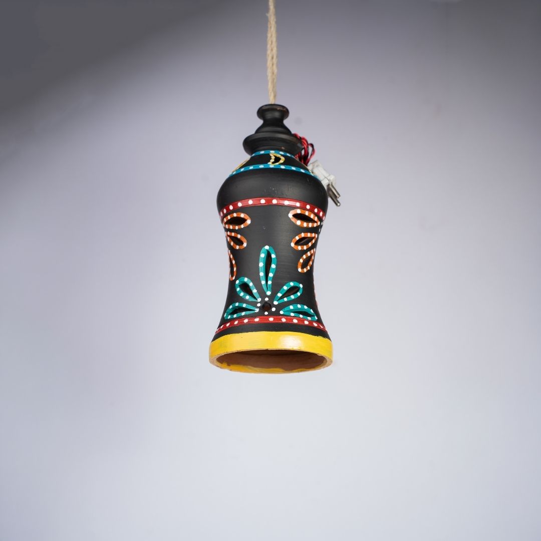 Hand-Painted Terracotta Waisted Hourglass Shaped Hanging Lamp (Matte Black) downward view