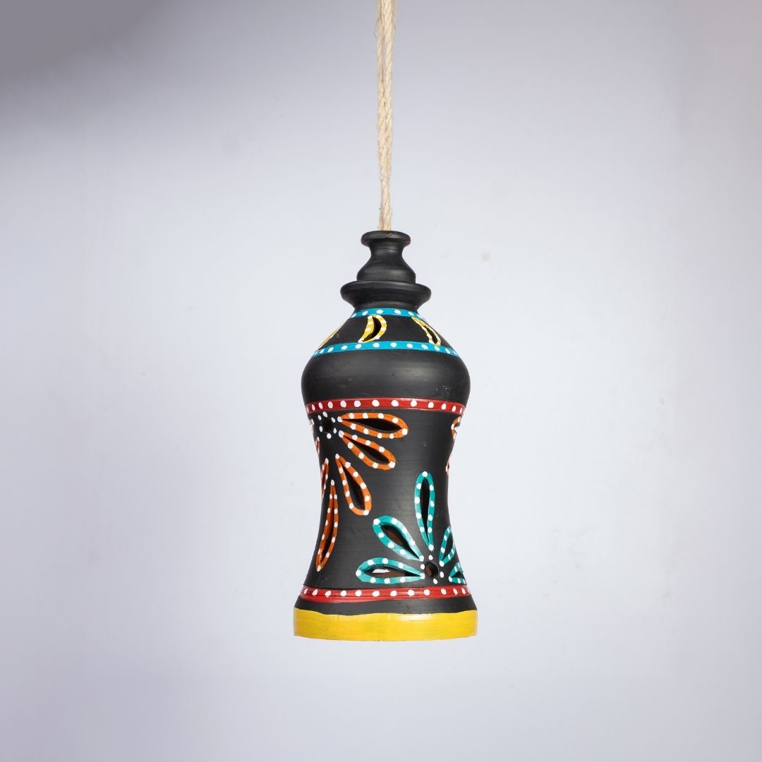 Hand-Painted Terracotta Waisted Hourglass Shaped Hanging Lamp (Matte Black) front view
