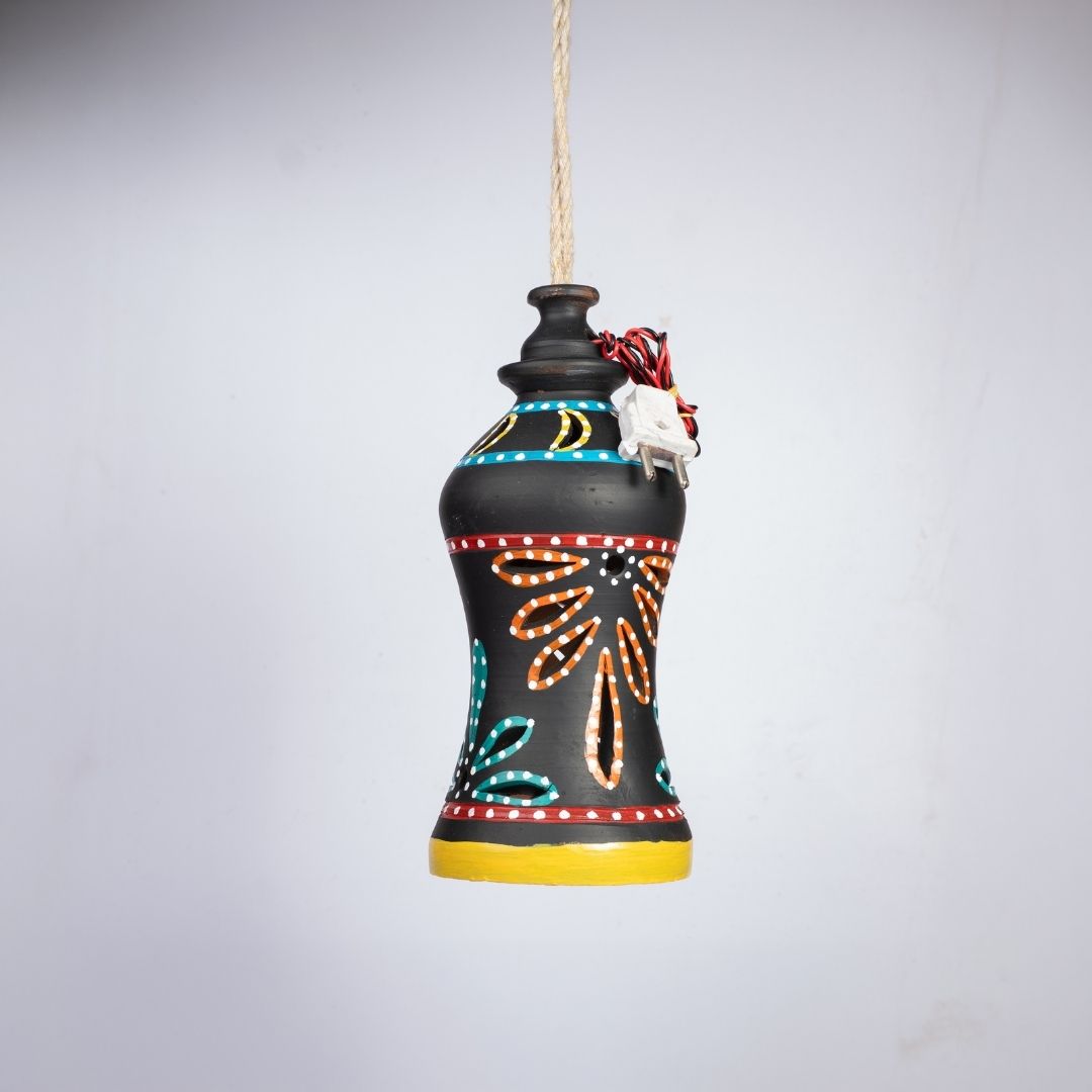 Hand-Painted Terracotta Waisted Hourglass Shaped Hanging Lamp (Matte Black) side view