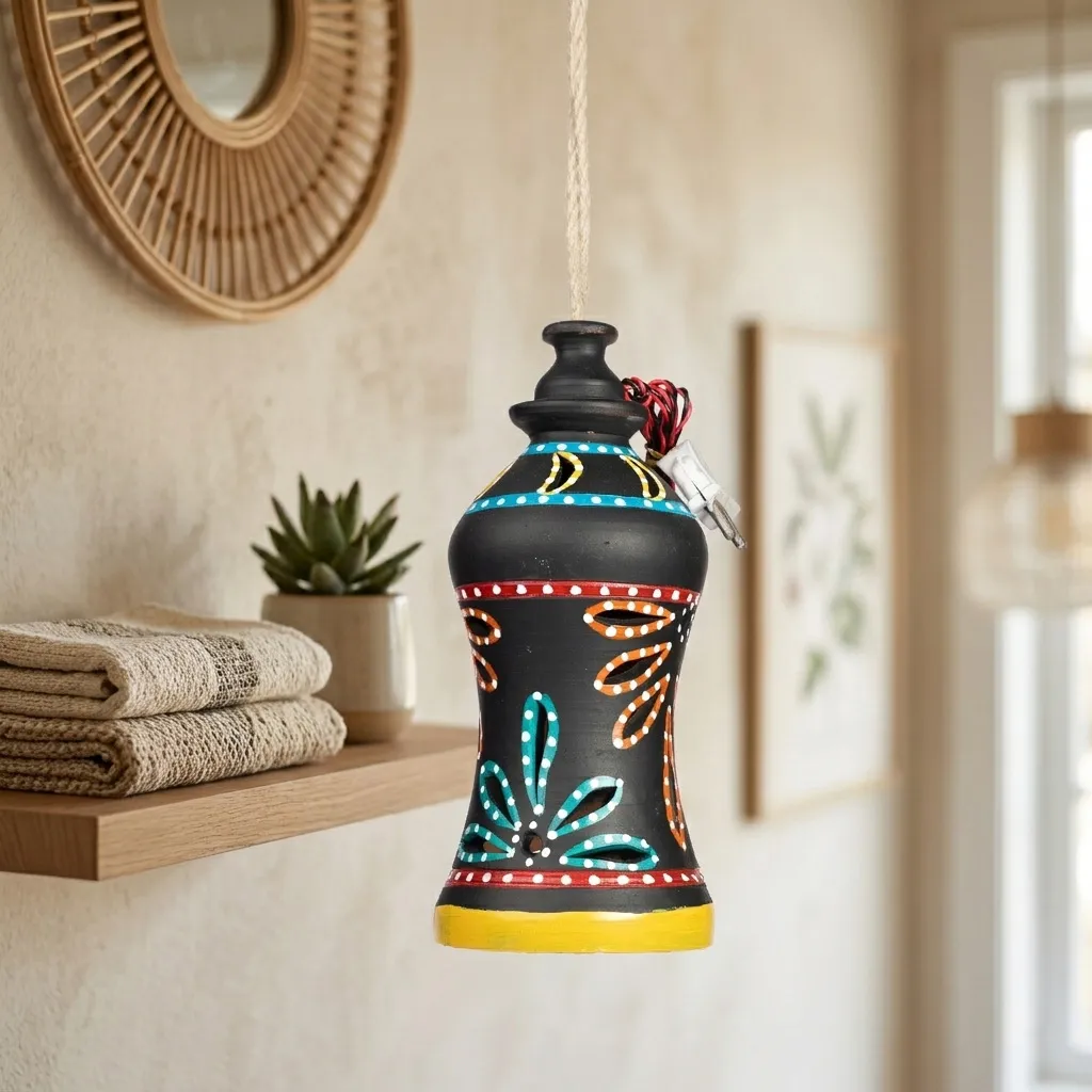Hand-Painted Terracotta Waisted Hourglass Shaped Hanging Lamp (Matte Black)