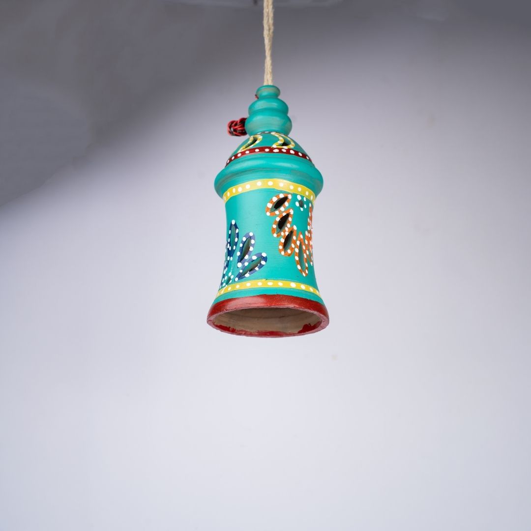 Hand-Painted Terracotta Waisted Hourglass Shaped Hanging Lamp (Teal) downward view