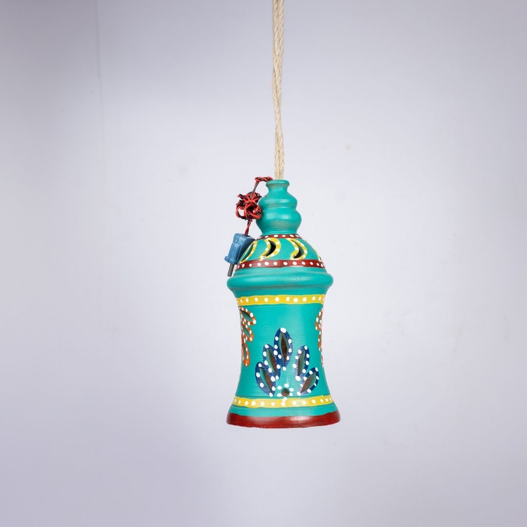 Hand-Painted Terracotta Waisted Hourglass Shaped Hanging Lamp (Teal) front view