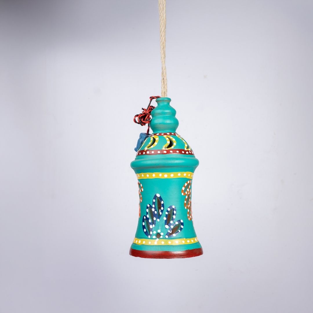 Hand-Painted Terracotta Waisted Hourglass Shaped Hanging Lamp (Teal) side view