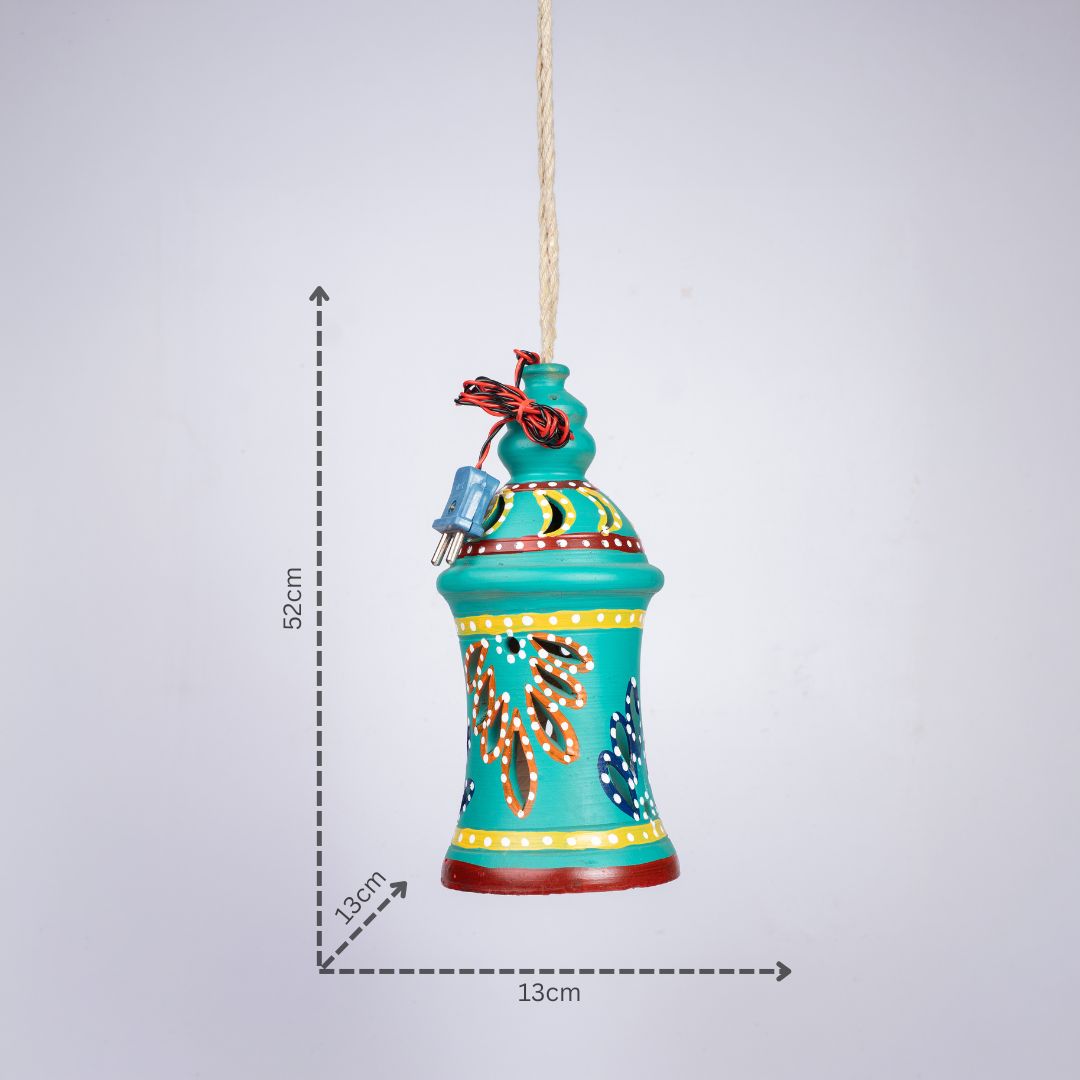 Hand-Painted Terracotta Waisted Hourglass Shaped Hanging Lamp (Teal) with dm