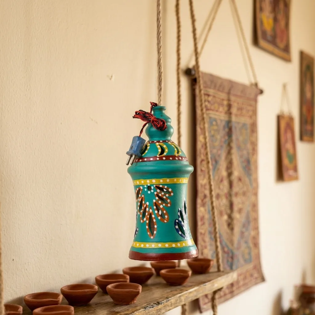 Hand-Painted Terracotta Waisted Hourglass Shaped Hanging Lamp (Teal)