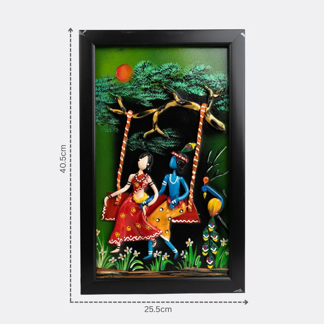 Handmade Mural Art Wall Hanging Of Radha Krishna On a Swing with dm