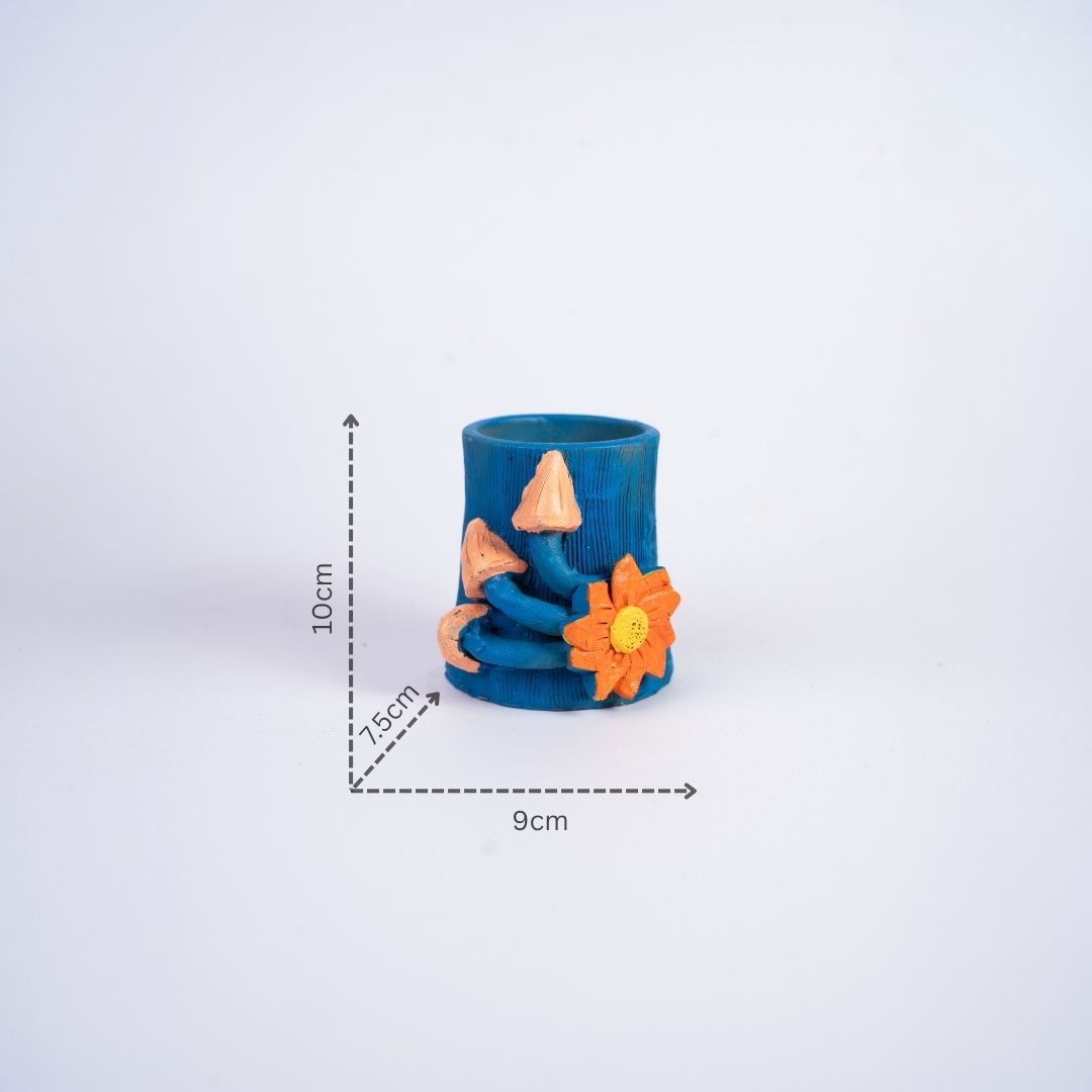 Terracotta Clay Art MultiPurpose Pen Stand (Blue, Orange) with dm