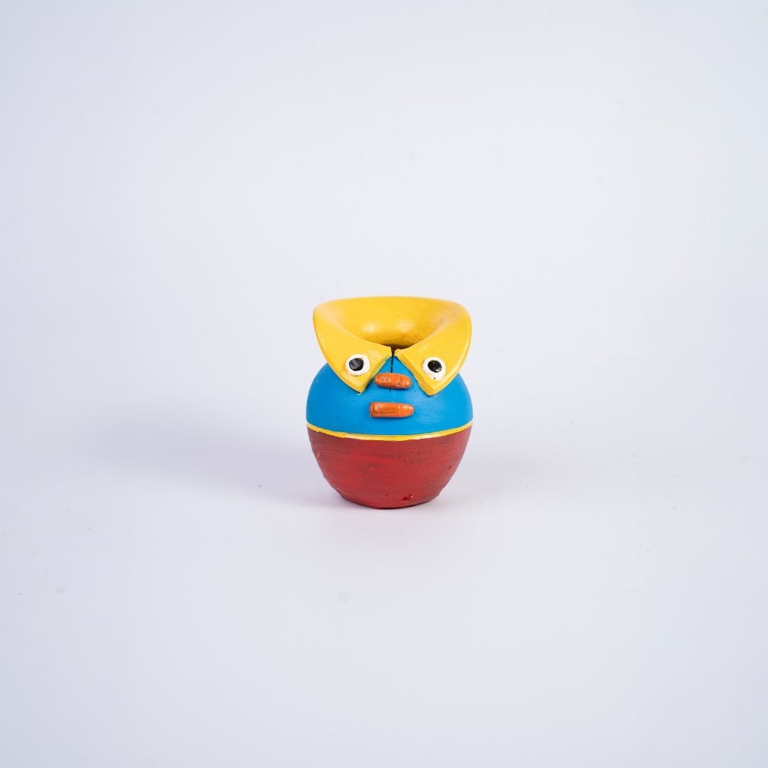 Terracotta Hand Painted Matka Pen Stand (Yellow, Blue and Red) frontview