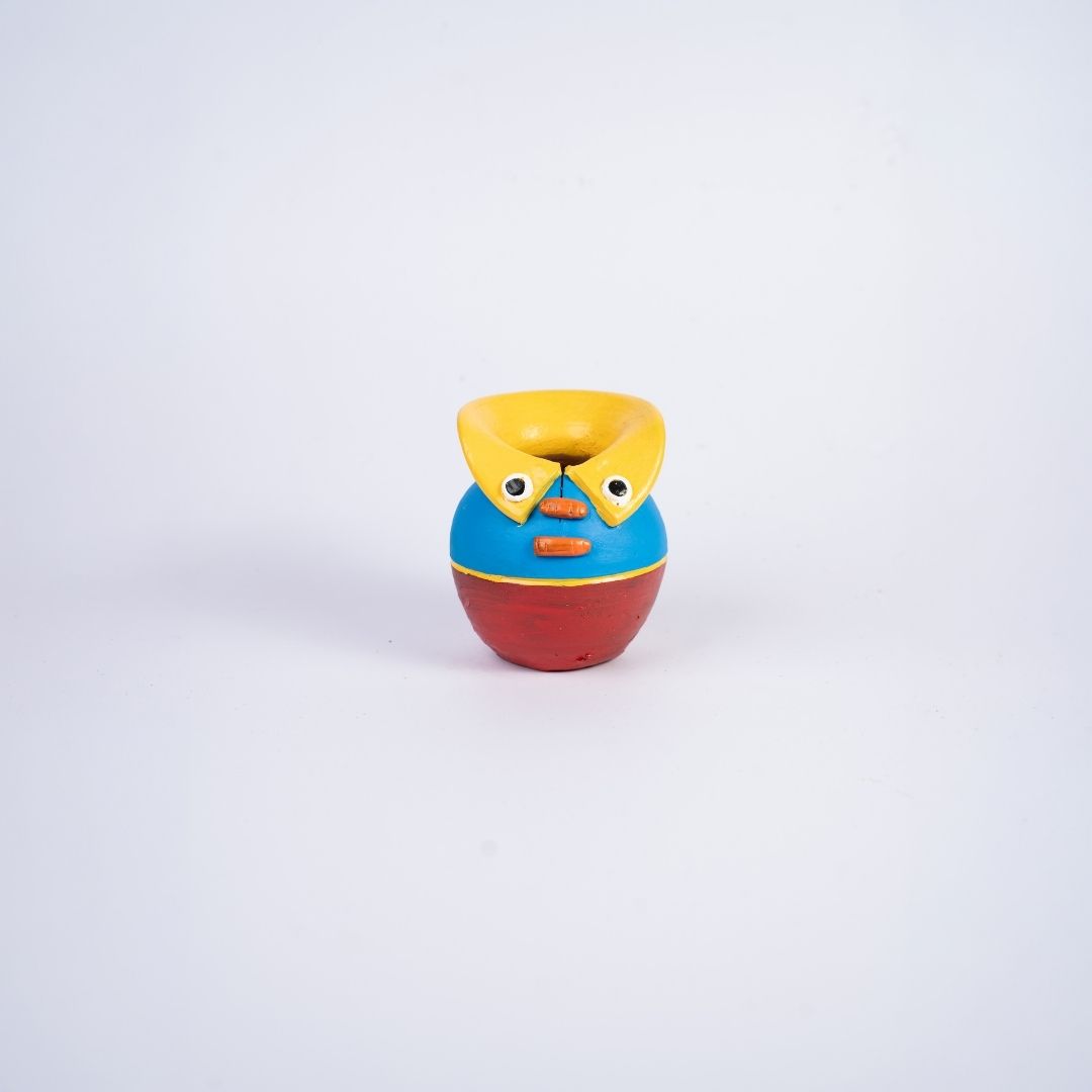 Terracotta Hand Painted Matka Pen Stand (Yellow, Blue and Red) frontview2