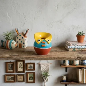 Terracotta Hand Painted Matka Pen Stand (Yellow, Sky Blue and Red)