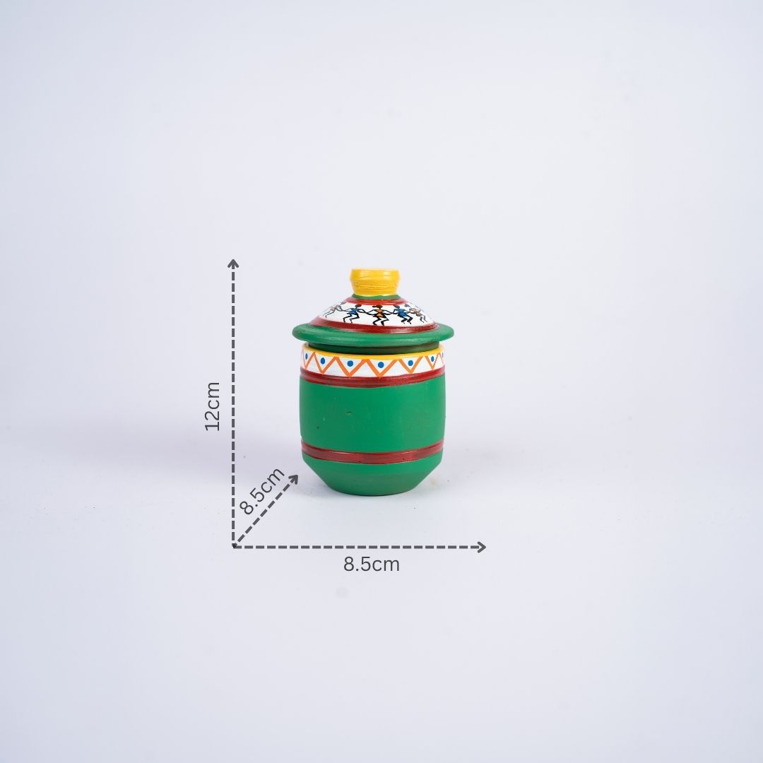 Terracotta Hand Painted Pot With Lid Home Decor (Green) with dm