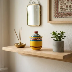 Terracotta Hand Painted Pot With Lid Home Decor (Yellow)