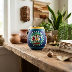 Terracotta Hand Painted Rope Design Pen Stand (Blue)