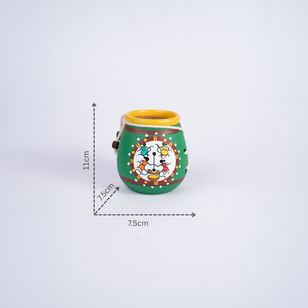 Terracotta Hand Painted Rope Design Pen Stand (Green) with dm