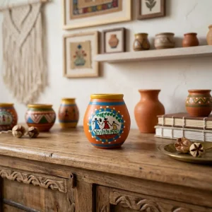 Terracotta Hand Painted Rope Design Pen Stand (Orange)