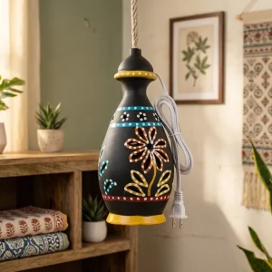 Terracotta Matka Shape Hanging Lamp (Matte Black)