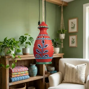 Terracotta Matka Shape Hanging Lamp (Red)
