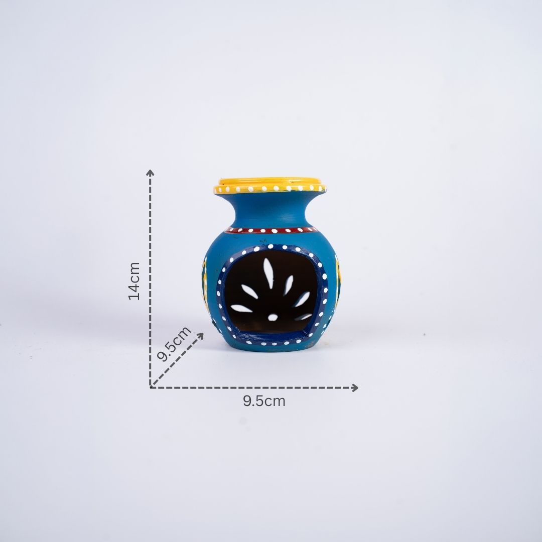 Terracotta Matki Shape Aroma Diffuser and Tea-light Holder (Blue) with dm