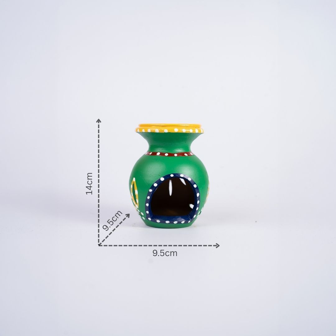 Terracotta Matki Shape Aroma Diffuser and Tea-light Holder (Green) with dm