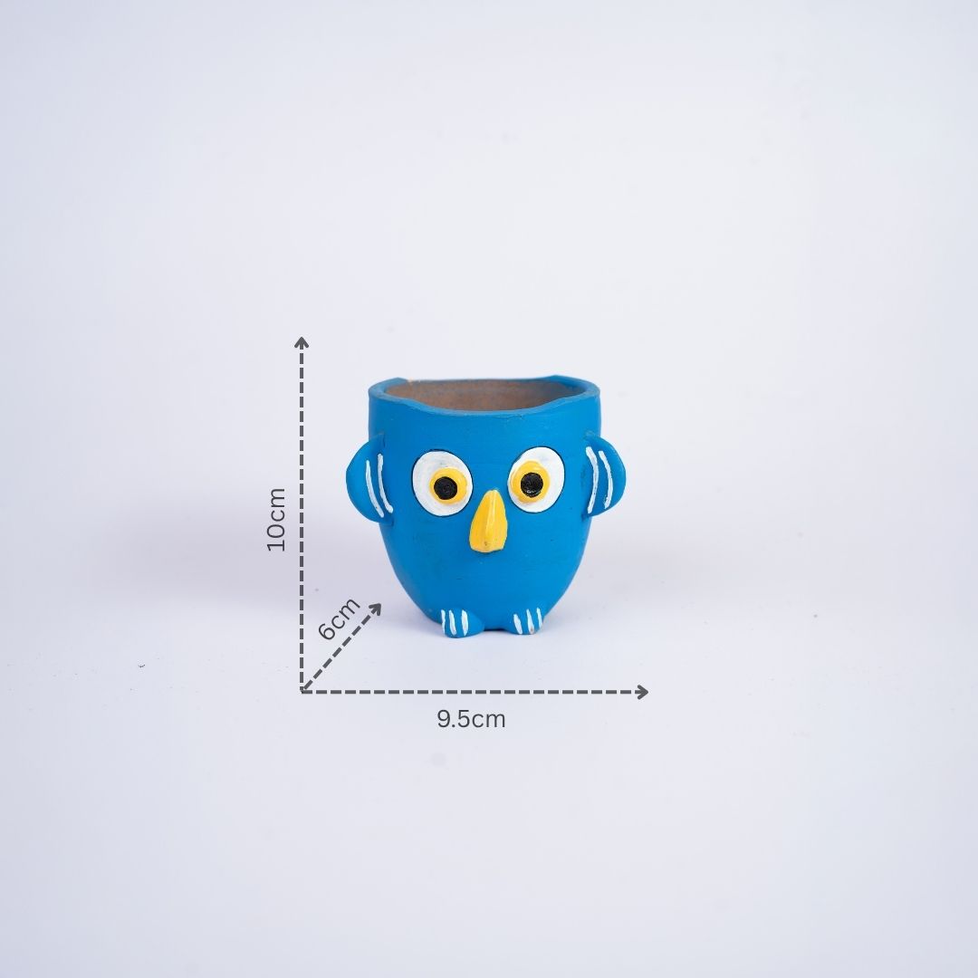 Terracotta Owl Pen Stand (Blue) with dm